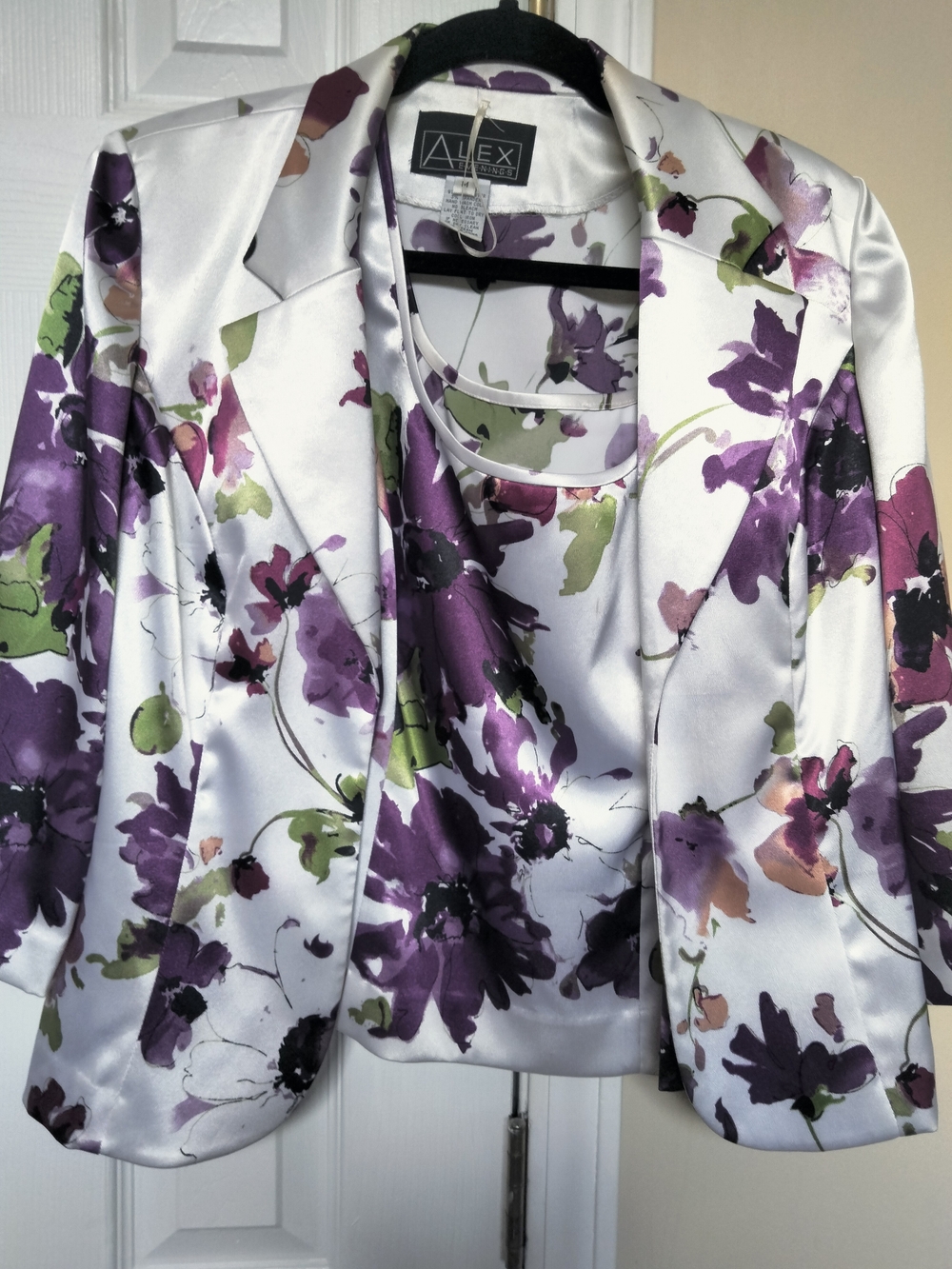 Alex Evenings White Satin Blazer and Shell with Purple Floral Print